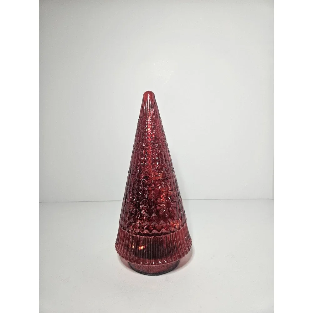 Red Mercury Glass Lighted Christmas Tree Tabletop Decor Cone Figurine Glowing